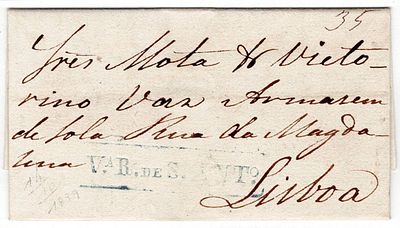 Pre-philately. VR SANTO ANTHONYblue LF VRS2 rar3 on letter from V. Real 14.10.1839 to Lisbon 