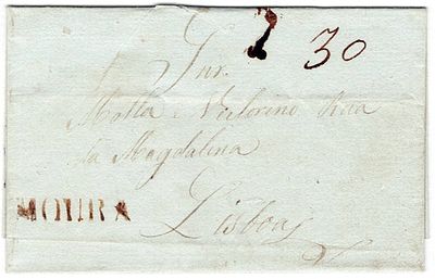 Pre-philately. MOURAthe sepia LF MRA1 rar4 in a letter from Moura 2.8.1843 to Lisbon 7.8 