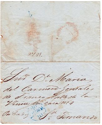 Portugal Pre-philately. Circular letter, sent by mail from Lisbon on 18 October 1851, to Cadiz 