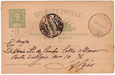Postal Stationery. Portugal. IP of 10 reis D. Carlos Mouchon, sent with CCD Caneças on 