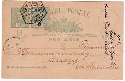 Postal Stationery. Portugal. IP of 10 reis D. Carlos Mouchon, with 15 additional reis, Mouchon 