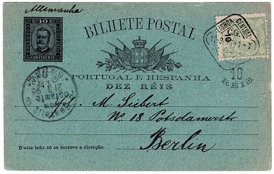 Postal stationery. Portugal. 10 reis postal stationery, D. Carlos OM#22 with additional stamp 