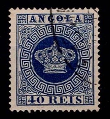 Angola 1870-77 Coroa. Selo Mf#5b, 40 reis azul, papel liso, denteado 13,5. Exemplar usado 