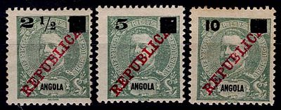 Angola 1912, D. Carlos com sobretaxa, Série completa do MF#113-115, papel liso, denteado 11 3/4 