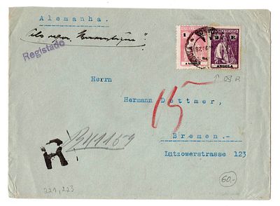 Angola. Emissão Ceres de 1921- novas Cores. Carta Registada de Loanda a ?.?-1928, Marca R e 