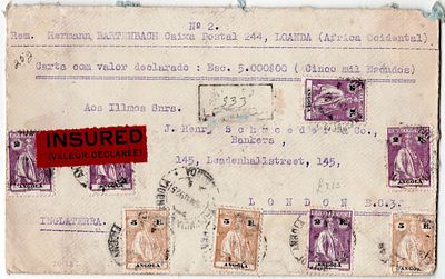 Angola CERES 1925. Carta de Loanda a 6.5.1025, registada com valor declarado de 5.000$00 