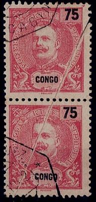 Congo – 1898/1901 – D. Carlos I. Par vertical do MF#21, 75 Reis carmim, com ERRO DE IMPRESSÃO 