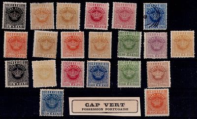 Cabo Verde. Emissão COROAS. Conjunto de 21 selos da 1ª e 2ª emissão, novos C/ e S/ Goma e um usado.