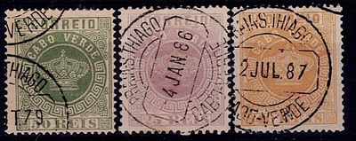 Cabo Verde 1877+1881-85 Coroa e Coroa novas cores. 3 selos Mf#6b, 50 reis verde denteado 13,5 + 