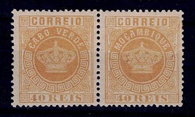 Cabo Verde, 1881/85 – Coroa. Novas cores. PAR do MF#13, 40 reis, amarelo, papel liso fino com 
