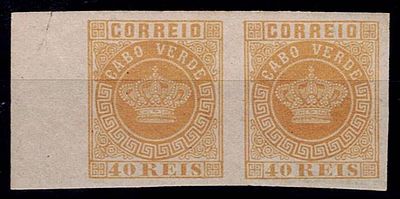 Cabo Verde 1881/85 – Coroa. Novas cores. PAR Bordo de Folha, de selos Mf#13, 40 reis, amarelo 