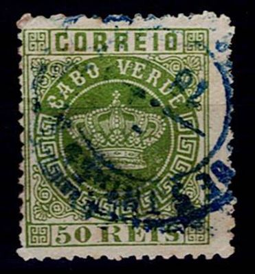 Cabo Verde 1877 Coroa. Selo Mf#6, 50 reis, verde, papel liso, denteado 12 3/4. Selo usado com 