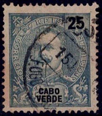 Cabo Verde, 1898-1901 – D. Carlos I, tipo Mouchon. Selo de 25 reis, verde azul, denteado 12 3/4 