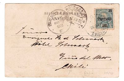 Cabo Verde. Chile. 1903. D. Carlos SC Provisório. Bilhete postal ilustrado de S. Vicente a 28.4 