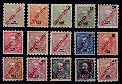 Cabo Verde 1911 D. Carlos I, com sobrecarga "REPUBLICA". Série completa do Mf#86-100, papel 