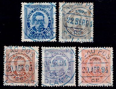 Guiné 1886 D. Luis I. Conjunto de 5 selos Mf#29, 30a, 31a, 32, 33 do 50 reis azul ao 300 reis 