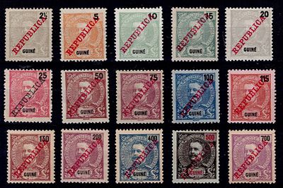 Guiné 1911 D. Carlos I tipo Mouchon com sobrecarga república. Série completa Mf#98-112, papel 