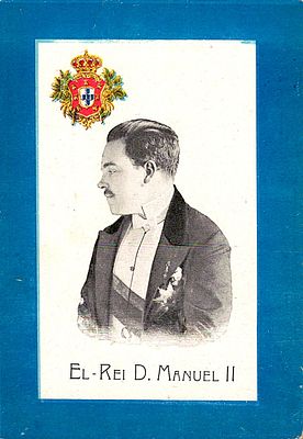 Monarchy postcards. 2 postcards with an image of King Manuel II, with royal arms and a blue 