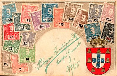 Monarchy Postcards. Colored postcard with embossed design, featuring stamps from the issue of 