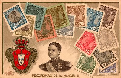 Monarchy postcards. Colored postcard with embossed design, featuring stamps from the reign of 