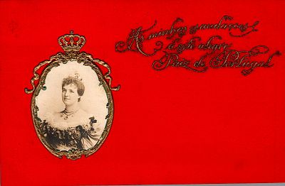 Monarchy Postcards. Postcard with an image of Queen Am&eacute;lia, red background, embossed. New, with 