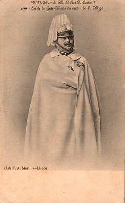 Monarchy postcards. Postcard with an image of King Carlos I in the habit of Grand Master of the 