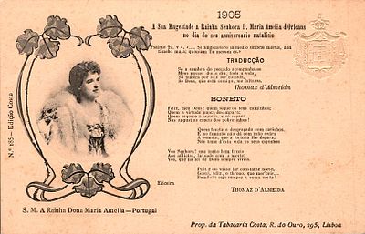 Monarchy Postcards. Postcard with image and sonnet dedicated to Queen Am&eacute;lia on her birthday in 