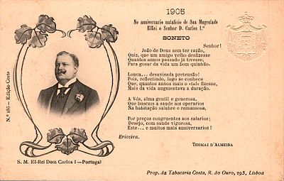 Monarchy Postcards. Postcard with image and sonnet dedicated to King Carlos I on his birthday 