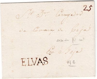 Pre-philately. Letter cover, written, undated, marked ELVAS ELV4 rar.3, for Beja, handwritten 