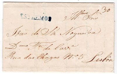 Pre-philately. Letter written in Estremoz on November 13, 1837, marked ESTREMOZ ETZ6 in blue 