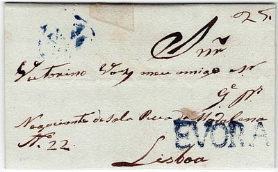 Pre-philately. Letter written in &Eacute;vora on November 18, 1837, marked EVORA, EVR3, rar. 8, in 