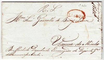Pre-philately. Letter from Alc&acirc;ntara (Lisbon) dated 5.11.1829, marked LISBOA LSB8, rar8, in red 
