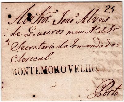 Pre-philately. Letter written in Montemor-o-Velho on 10.5.1806, marked MONTEMOR-O-VELHO, MMv1 