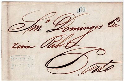 Pre-philately. Letter from Pernambuco 6.5.184, for Porto 22.6, marked BARRA DO PORTO PRT-BA5 