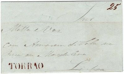 Pre-philately. Letter from Torr&atilde;o, August 10, 1845, marked TORR&Atilde;O TRR1 in sepia, rar.5, postage 