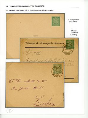 Postal stationery. Portugal 1893. D. Carlos envelopes. 3 OM3 envelopes of 25 reis each, one of 