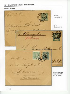 Postal stationery. Portugal 1896. D. Carlos envelopes, Mouchon OM6 type, postage 50 reis, 3 