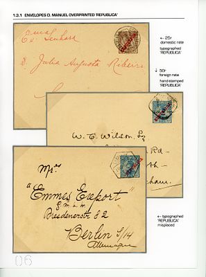 Postal stationery. Portugal. 1900. 3 envelopes, D. Manuel, with Republic overprint, OM 9 and 10 