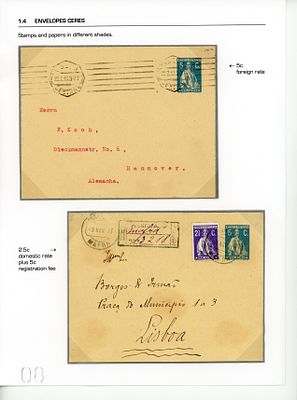 Postal stationery. Portugal. 1912. 2 Ceres OM12 envelopes, postage 5 centavos each, registered 