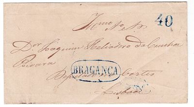 Pre-philately. Letter cover with the BRAGAN&Ccedil;A mark, BGC4, rar. 2, in blue, for Lisbon, postage 