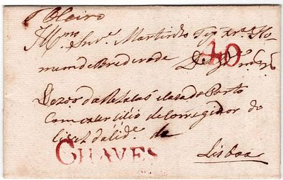 Pre-philately. Letter from Mirandela, 24.3.1833, marked CHAVES CHV 2 in red, rar.4, postage 40 
