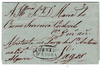 Pre-philately. Letter written in &Eacute;vora on June 8, 1848, marked EVORA, EVR4, rare 1, in black 
