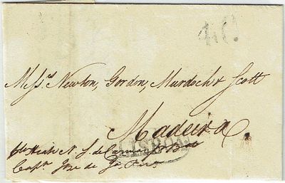 Pre-philately. Letter from Lisbon, July 10, 1816, marked LISBON in black and with a postage of 