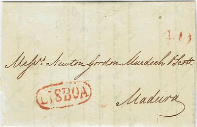 Pre-philately. Letter from Lisbon, April 15, 1832, marked LISBON in red and with a postage of 