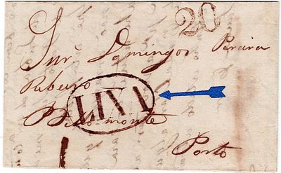 Pre-philately. Letter written in Sant&atilde;o on 17.10.1836, marked LIXA, LXA2, rar. 3, in sepia 