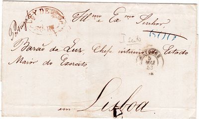 Pre-philately. Letter from France, via Spain to Lisbon, arrived on May 11, 1853, with a postage 