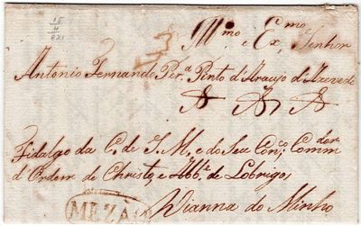 Pre-philately. Letter written in Lobrigos on April 15, 1821, marked MEZ&Atilde;O MSF2 in sepia, rar.3 