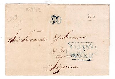 Letter from VIANA DO MINHO (VCT 6 rar5), in blue, dated 22.3.1842, to Figueira da Foz, postage 