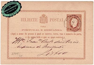 Postal stationery. Portugal. 10 reis D. Luis relief stationery, dispatched from Porto on 