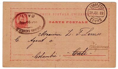 Portugal. Postal Stationery of 20 reis, D. Luis, sent from Elvas on July 29, 1892 to Cali 